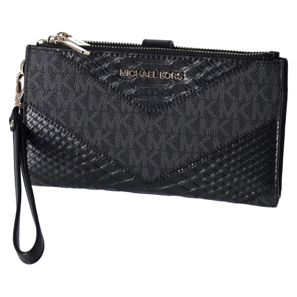 Michael Kors Jet Set Travel Large Double Zip Wallet MK Black Multi Python - Picture 1 of 5